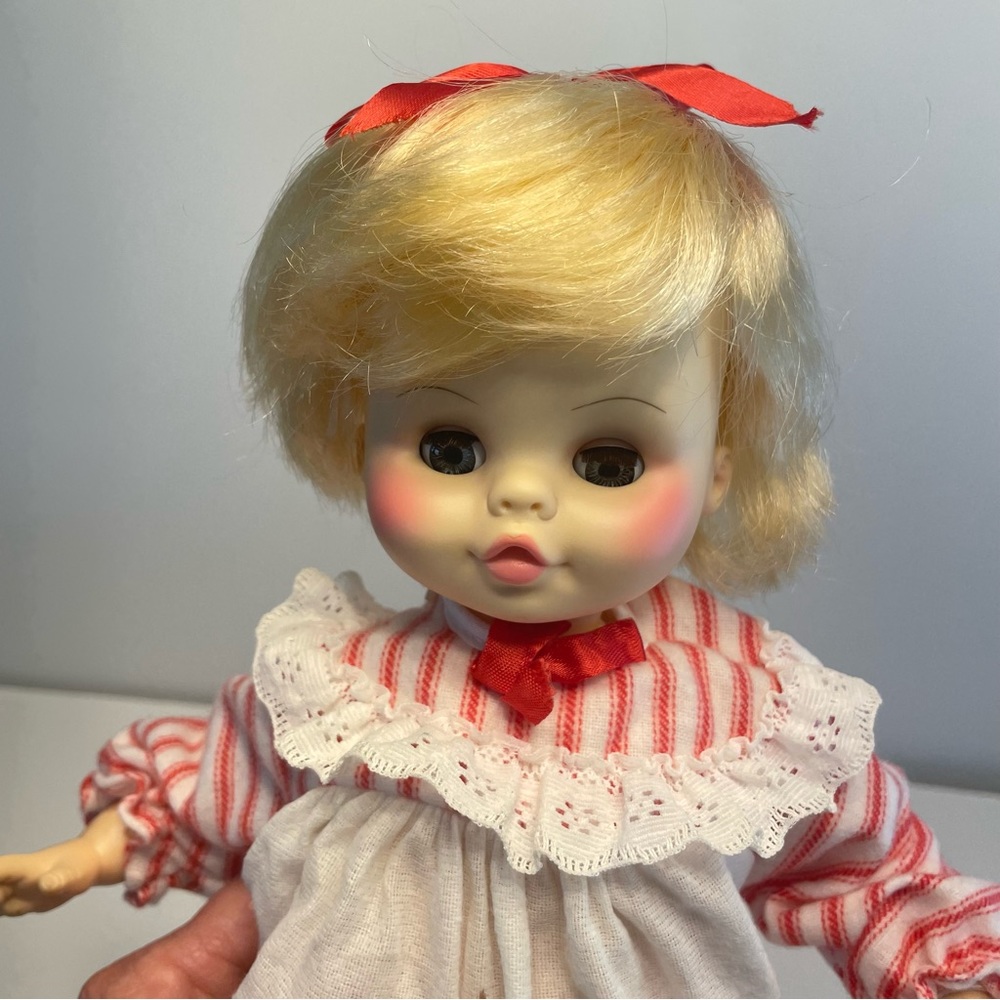 Vintage Blonde Blue Eyes Horseman Cloth Body 14" Baby Doll Red Striped Pajamas